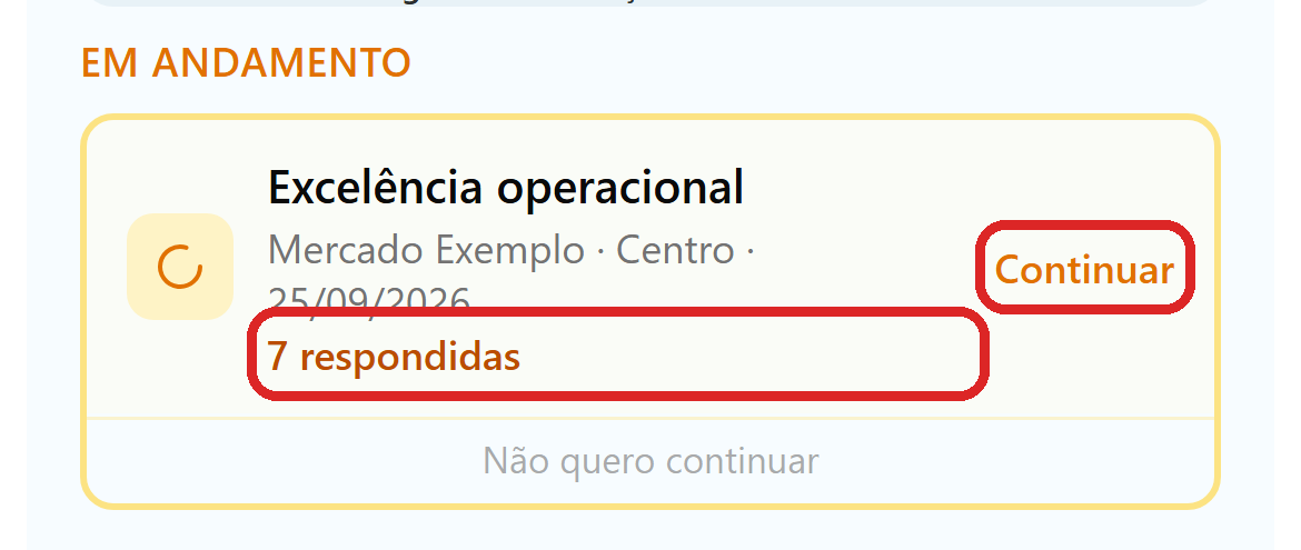 Bloco Em andamento no celular, com um checklist de sete respostas, o botão Continuar e a opção Não quero continuar.