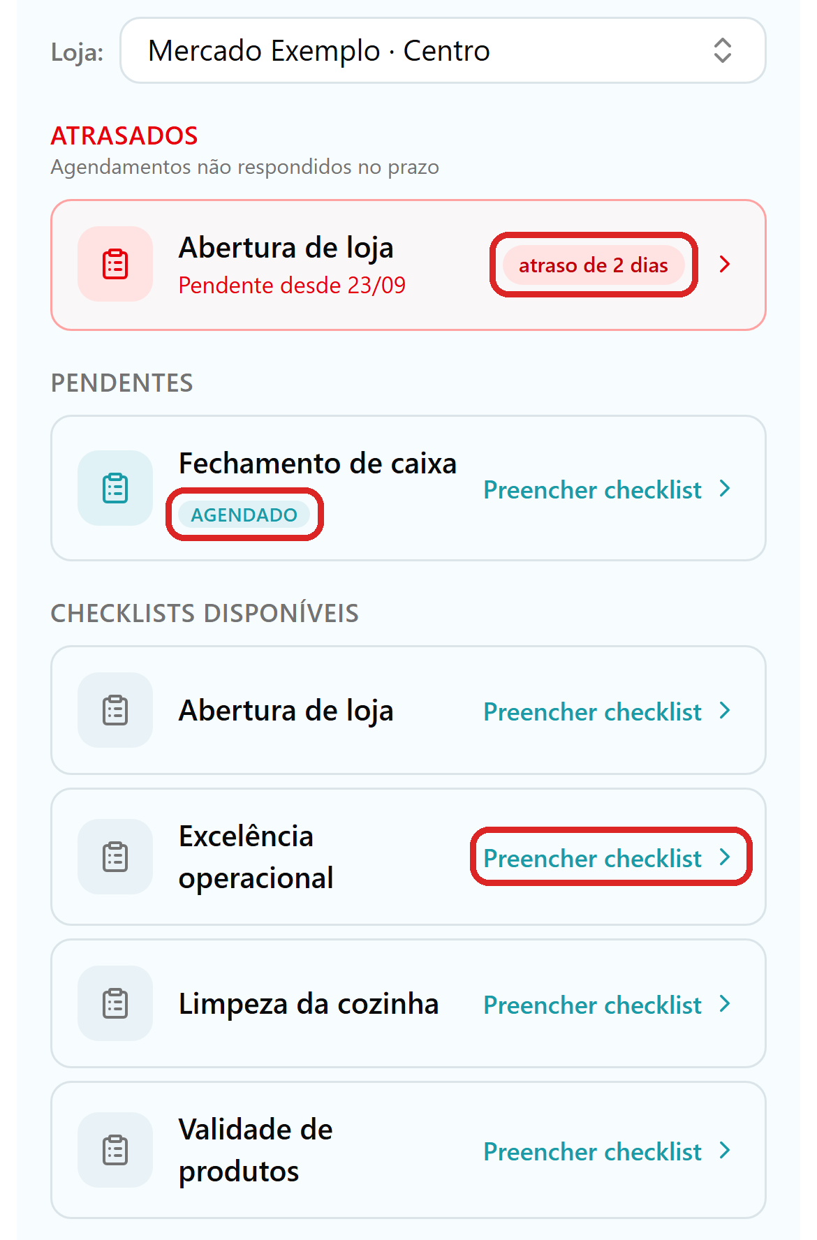 Tela de preencher no celular com os blocos Atrasados, Pendentes com o selo Agendado e Checklists disponíveis, cada linha com o botão Preencher checklist.
