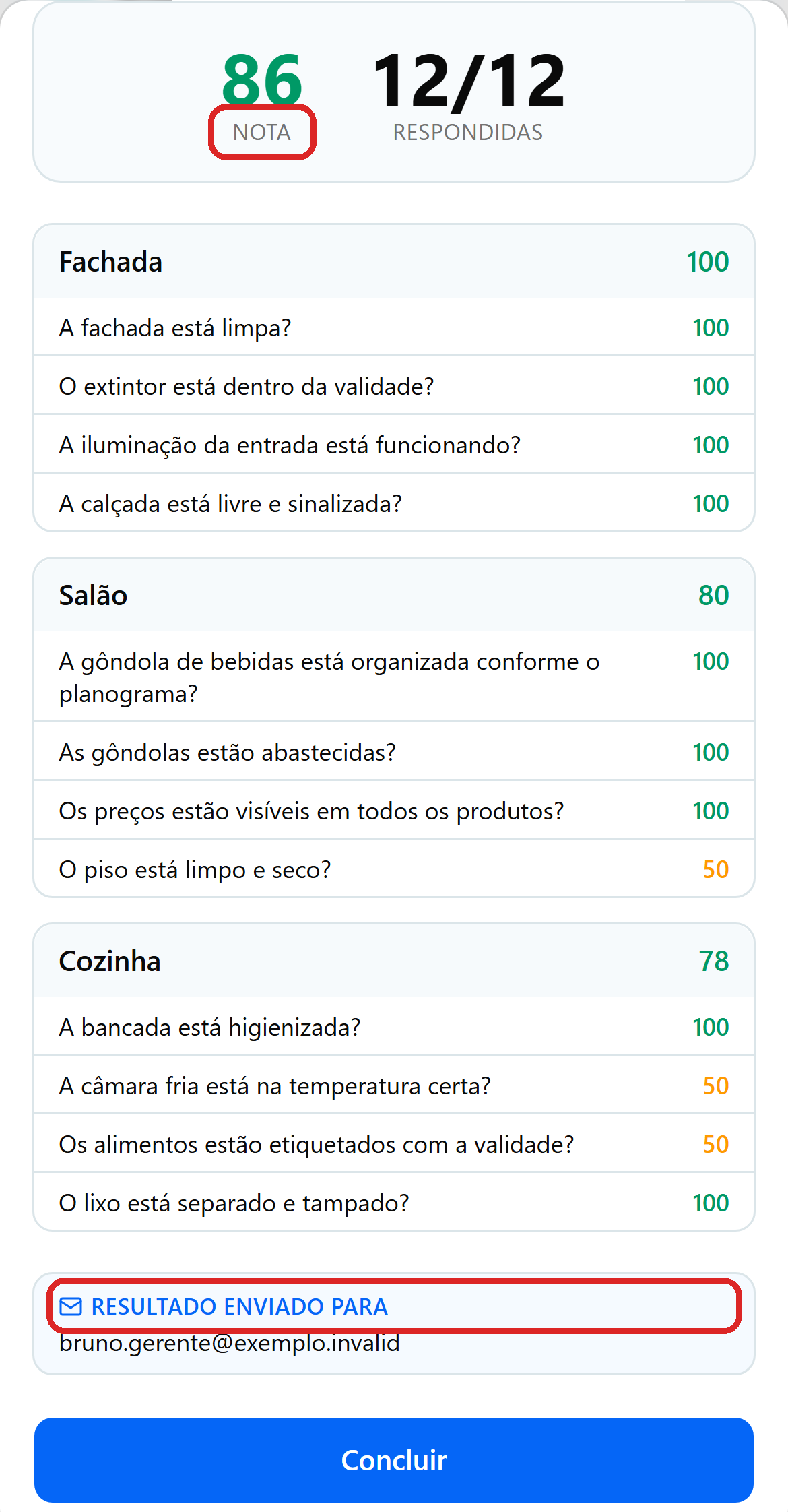Resultado do checklist no celular, com nota 86, doze perguntas respondidas, a nota de cada seção e o e-mail para onde o resultado foi enviado.