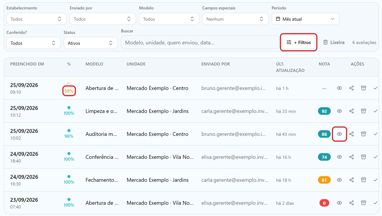 Lista de avaliações com os filtros no topo, o botão + Filtros destacado e uma linha por avaliação, com a data, o percentual, o modelo, a loja e a nota.
