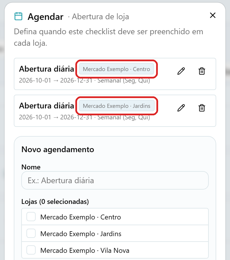 Diálogo Agendar com dois agendamentos Abertura diária criados, um para cada loja, e o formulário de novo agendamento vazio logo abaixo.