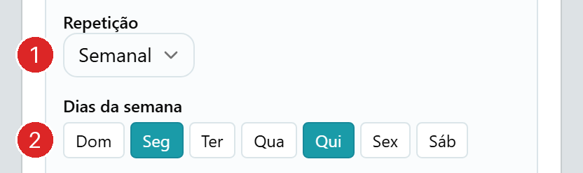 Formulário de agendamento com a repetição semanal escolhida e os botões de segunda e quinta-feira marcados.