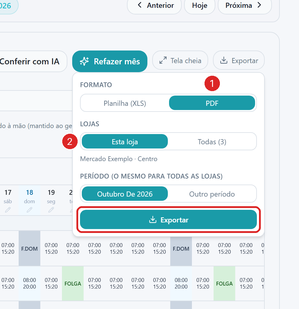 Janela de exportar a escala com o formato PDF e a escolha de lojas.