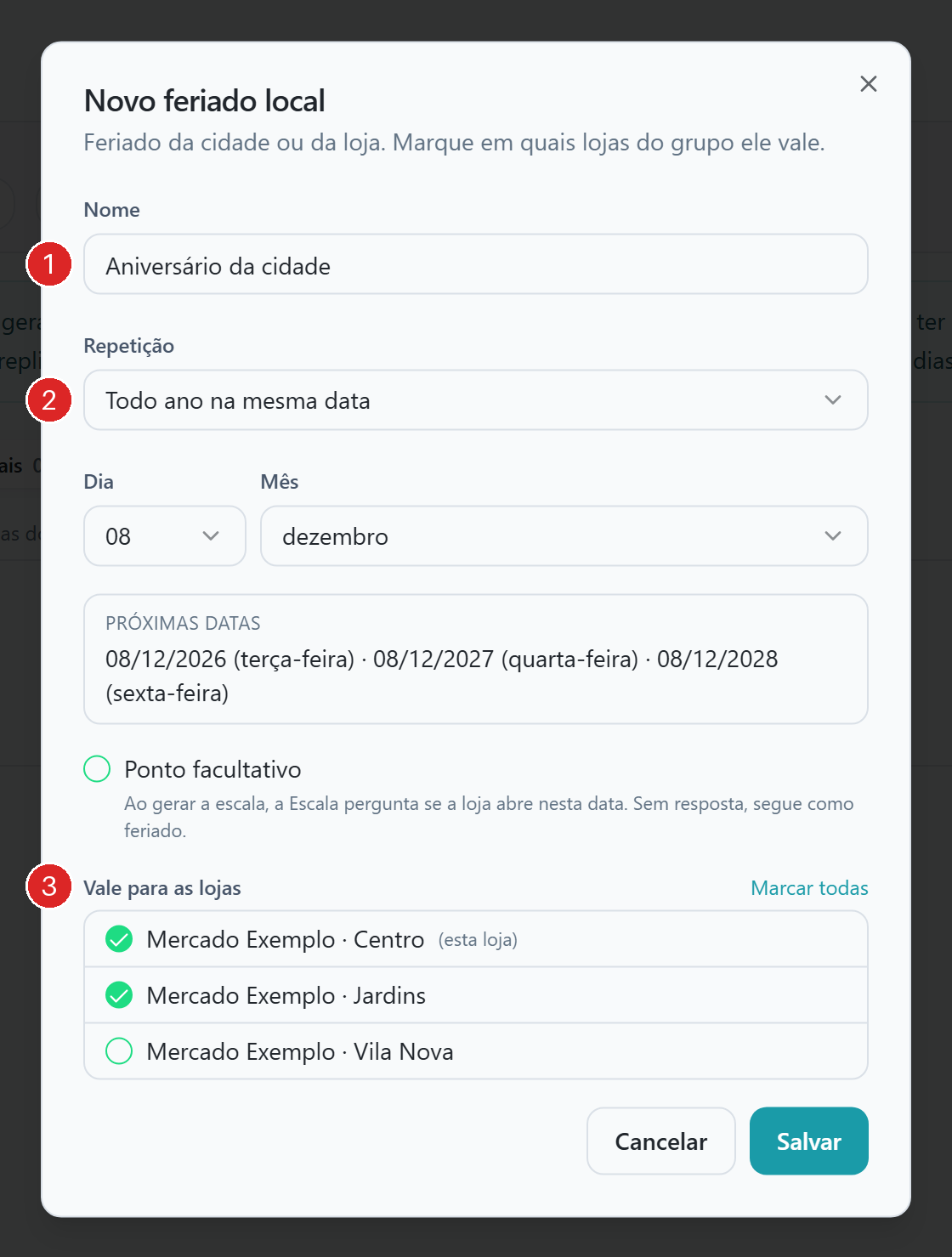 Janela Novo feriado local com o nome Aniversário da cidade, repetição Todo ano na mesma data em 8 de dezembro, o quadro de próximas datas e as lojas Centro e Jardins marcadas.