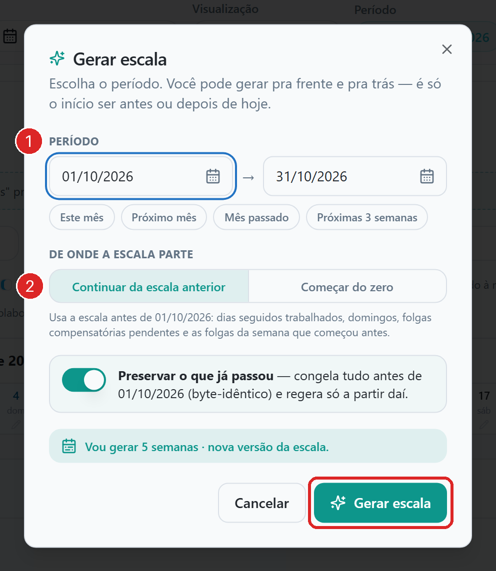 Janela de gerar a escala com o período, a opção Continuar da escala anterior e o botão Gerar escala.