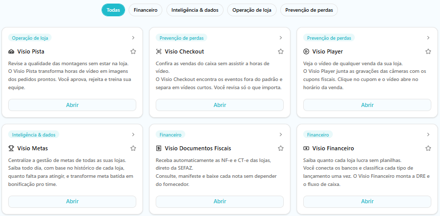 Página Ferramentas do app.visio.ai com o card Visio Documentos Fiscais, da categoria Financeiro, e o botão Abrir.