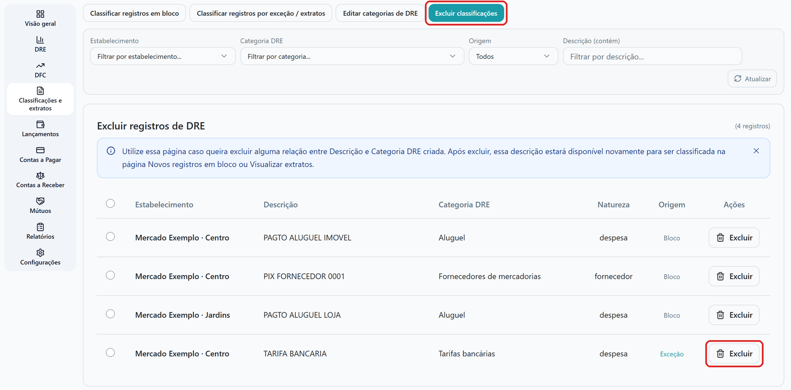 Tela Excluir registros de DRE com quatro linhas, três de Bloco e uma de Exceção, cada uma com o botão Excluir; o atalho Excluir classificações e o Excluir da linha de exceção estão destacados.