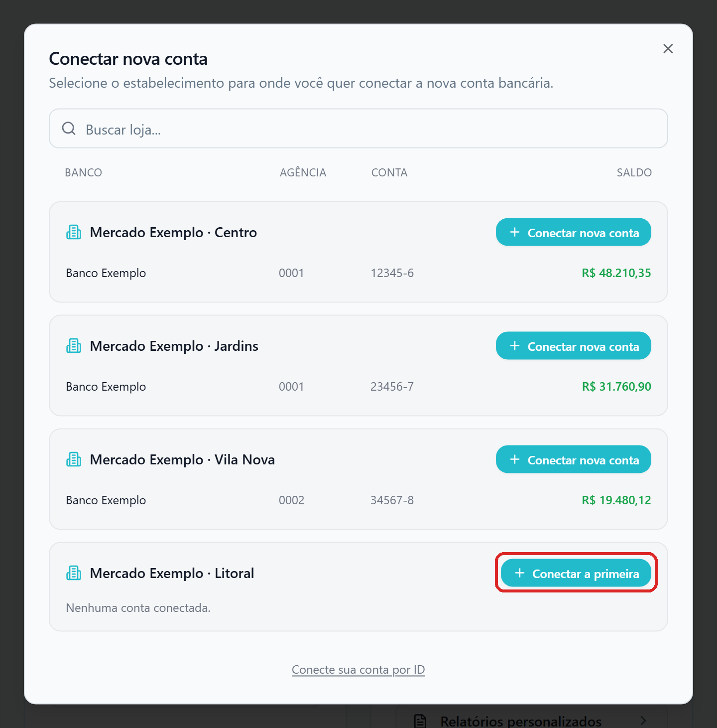 Diálogo Conectar nova conta com a lista de lojas e a conta de cada uma; na loja Mercado Exemplo Litoral, sem conta conectada, o botão Conectar a primeira está destacado.
