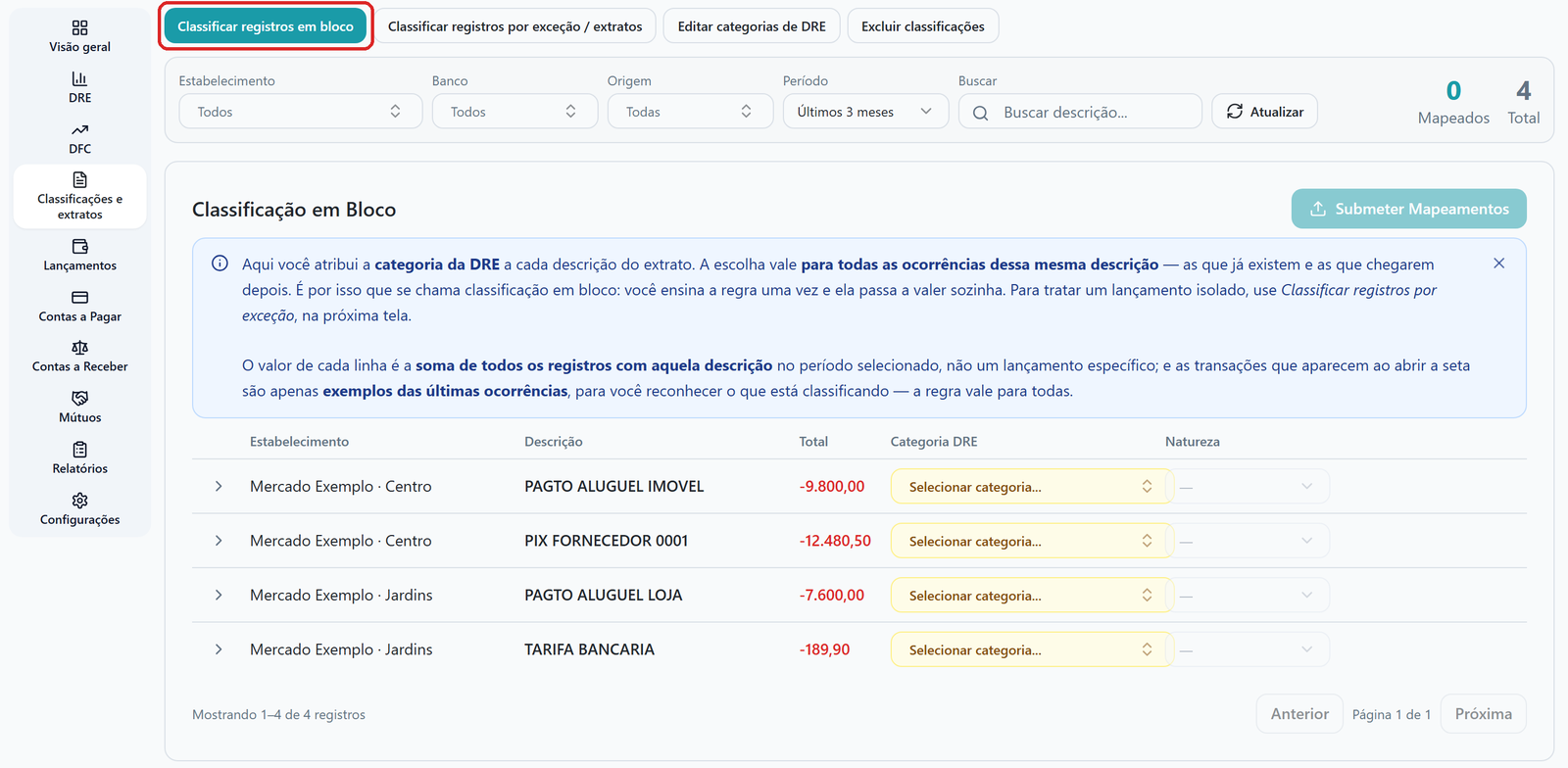 Lista de Classificação em Bloco dentro da Central, com a faixa de atalhos (Classificar registros em bloco destacado), os contadores Mapeados e Total e quatro descrições sem categoria.