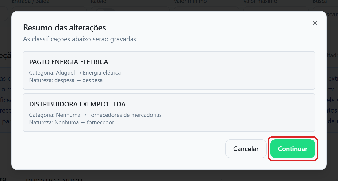 Diálogo Resumo das alterações com dois lançamentos, cada um com a categoria e a natureza de antes e de depois, e o botão Continuar destacado.