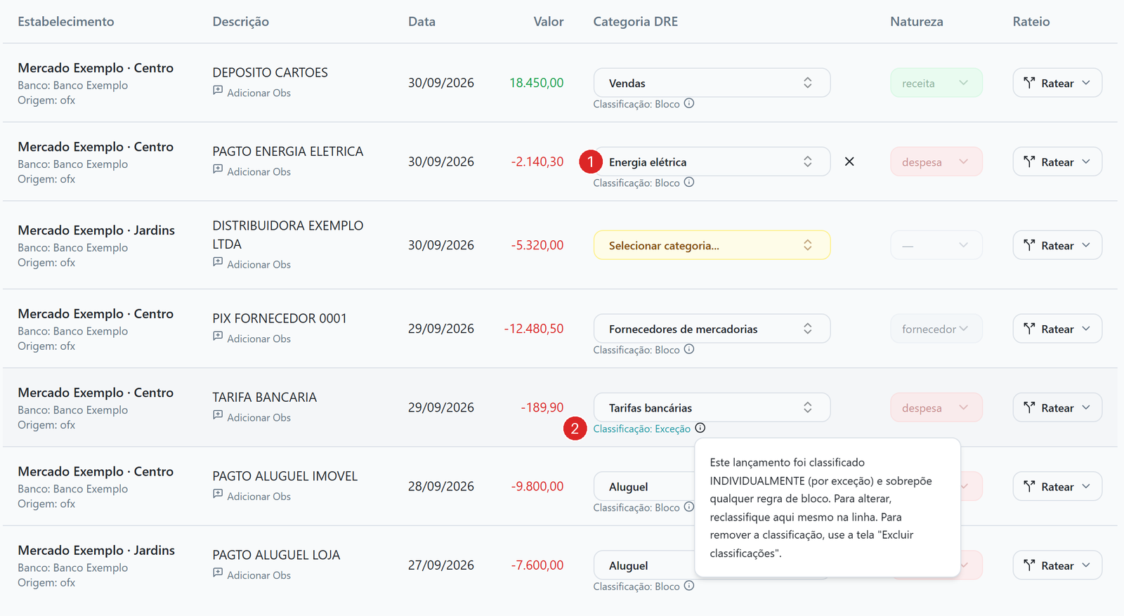 Linhas de lançamentos com a categoria da linha de energia elétrica trocada de Aluguel para Energia elétrica, com o X de desfazer ao lado, e o ícone de informação aberto na linha Classificação: Exceção.