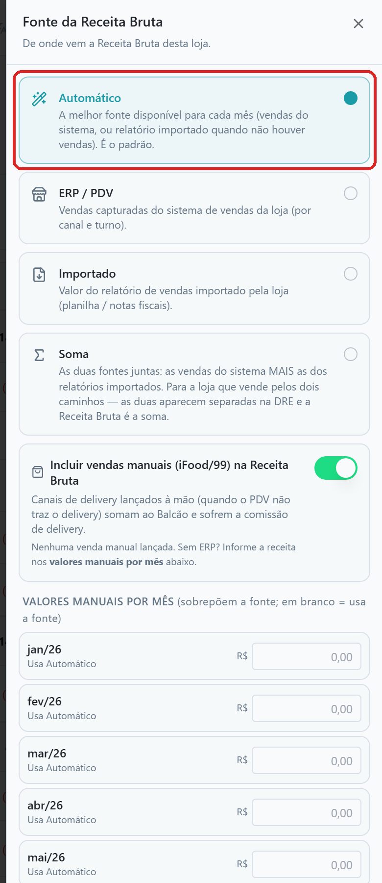 Painel lateral Fonte da Receita Bruta aberto à direita, com as opções Automático, ERP / PDV, Importado e Soma; Automático está marcada e vem destacada.