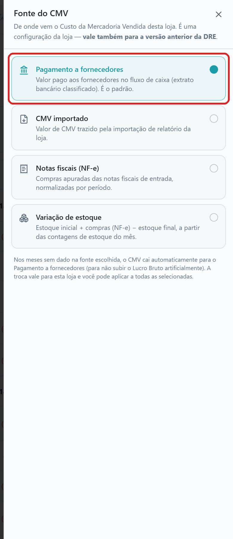 Painel lateral Fonte do CMV aberto à direita, com as opções Pagamento a fornecedores, CMV importado, Notas fiscais (NF-e) e Variação de estoque; Pagamento a fornecedores está marcada e destacada.