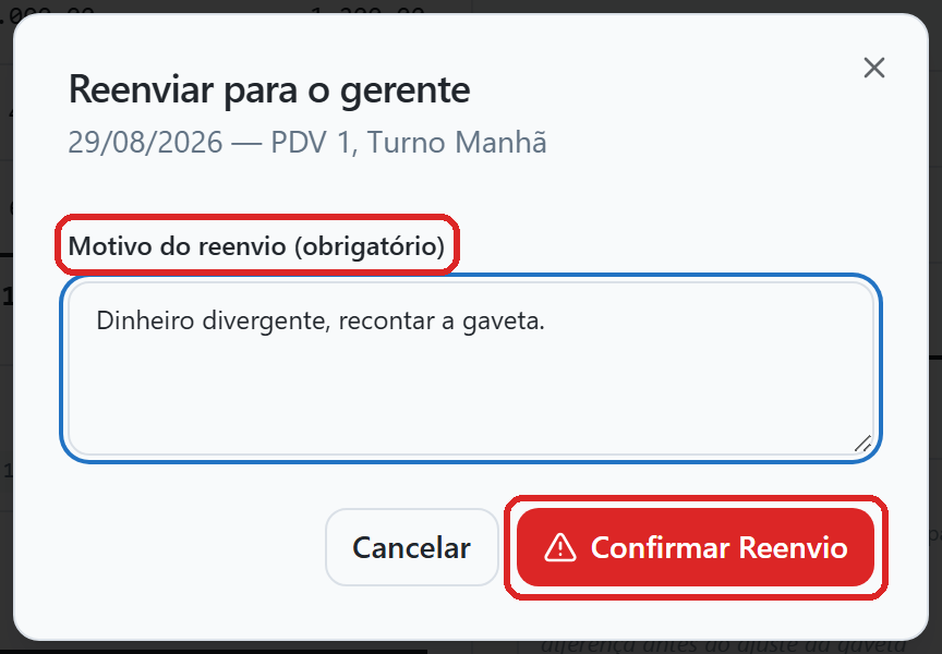 Diálogo Reenviar para o gerente do turno de 29/08, com o motivo Dinheiro divergente, recontar a gaveta preenchido no campo Motivo do reenvio e o botão vermelho Confirmar Reenvio no rodapé.