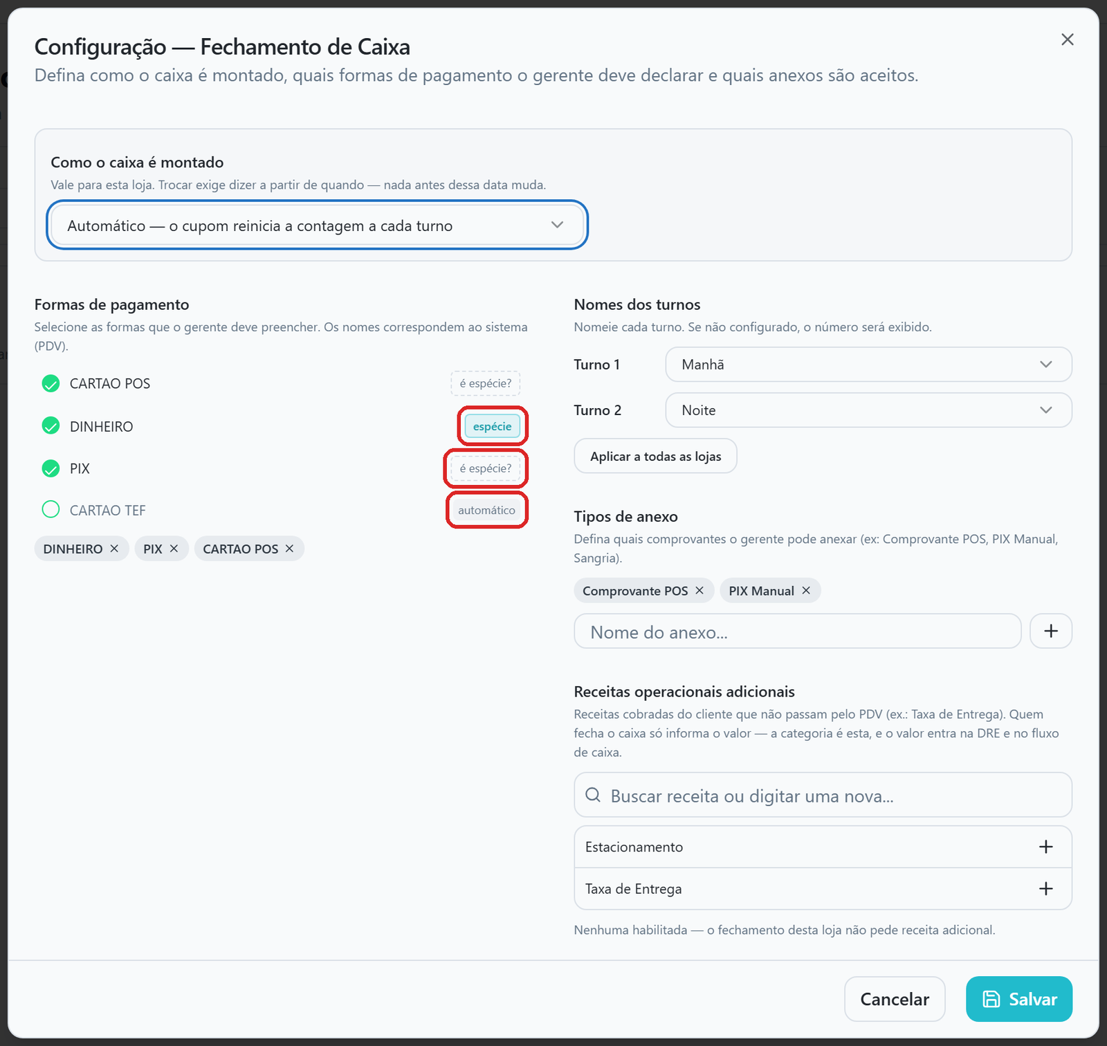 Diálogo de configuração com a lista de formas de pagamento: DINHEIRO selecionado e marcado como espécie, PIX e CARTAO POS selecionados com o botão é espécie? e CARTAO TEF, cartão eletrônico, com o marcador automático.