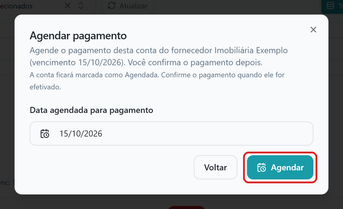 Diálogo Agendar pagamento da conta da Imobiliária Exemplo, com o campo Data agendada para pagamento no vencimento, o aviso de que a conta ficará Agendada e o botão Agendar destacado.
