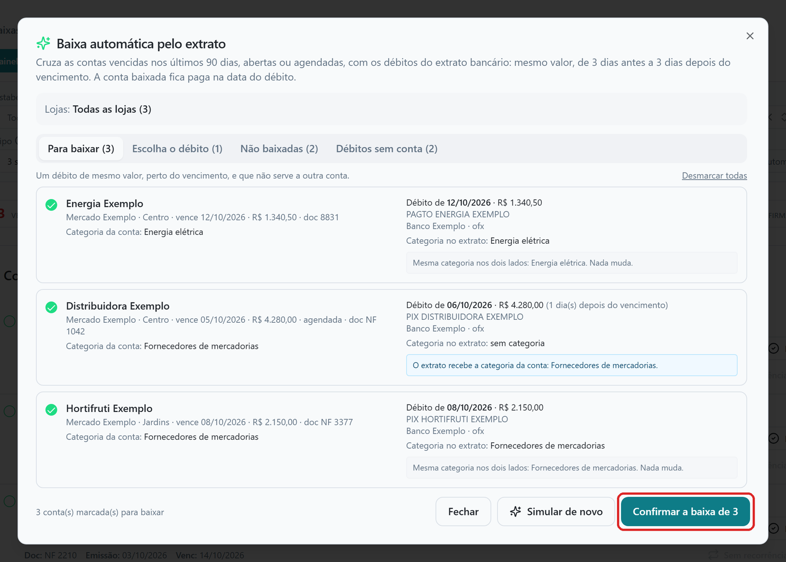 Diálogo Baixa automática na aba Para baixar com três contas marcadas e o botão do rodapé já em Confirmar a baixa de 3, destacado, depois do primeiro clique em Baixar.