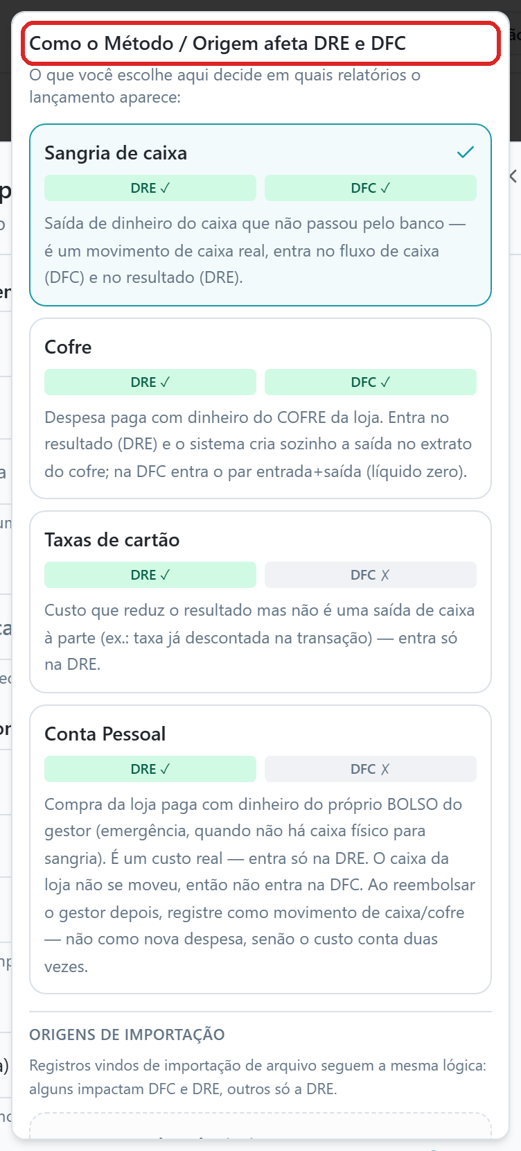 Cartão Como o Método / Origem afeta DRE e DFC, aberto, com os quatro métodos e os selos de DRE e DFC.