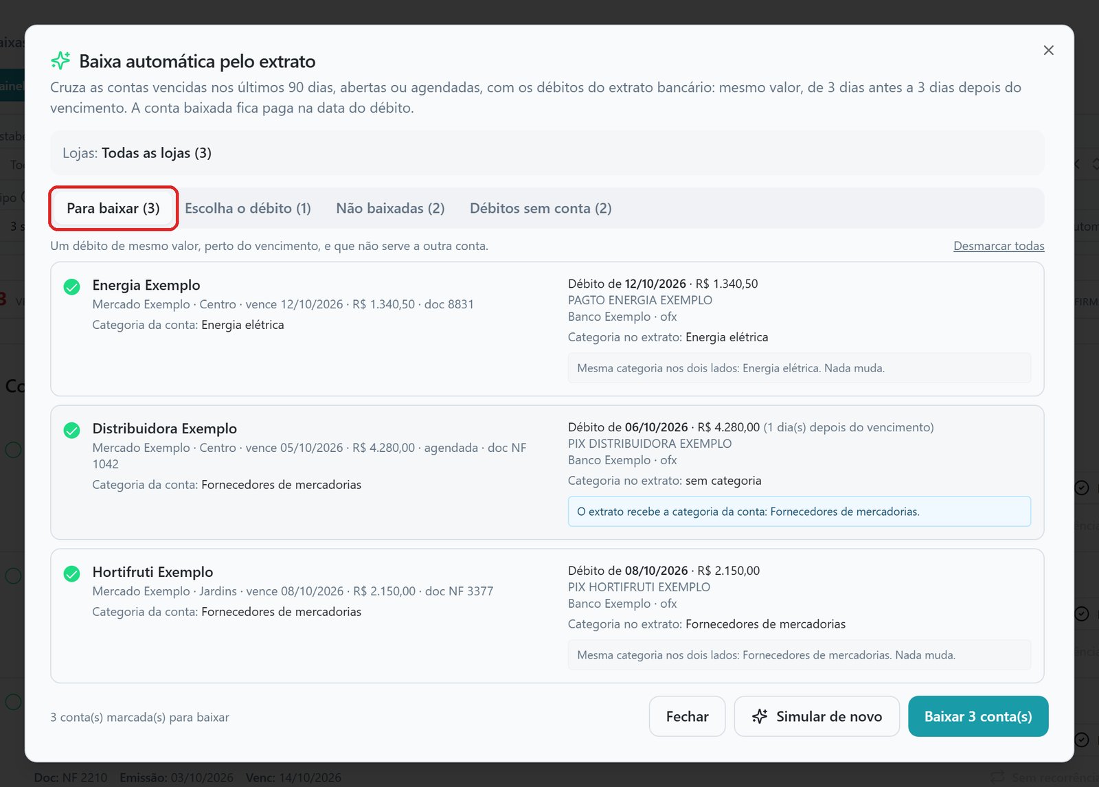 Diálogo Baixa automática depois de Simular, na aba Para baixar com três contas marcadas, cada uma com o débito correspondente do extrato, e as quatro abas com a contagem de cada uma.
