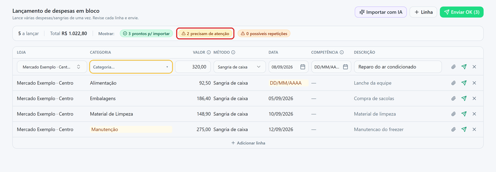 Tela de lançamento em bloco com cinco linhas preenchidas pela IA, uma célula de categoria e uma de data em amarelo, e a faixa de resumo com 3 prontos para importar e 2 que precisam de atenção.