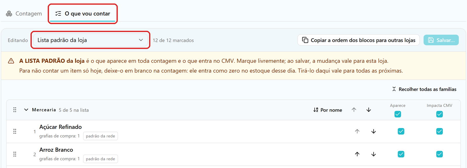 Aba O que vou contar aberta, com o seletor Editando em Lista padrão da loja e os componentes agrupados em blocos.