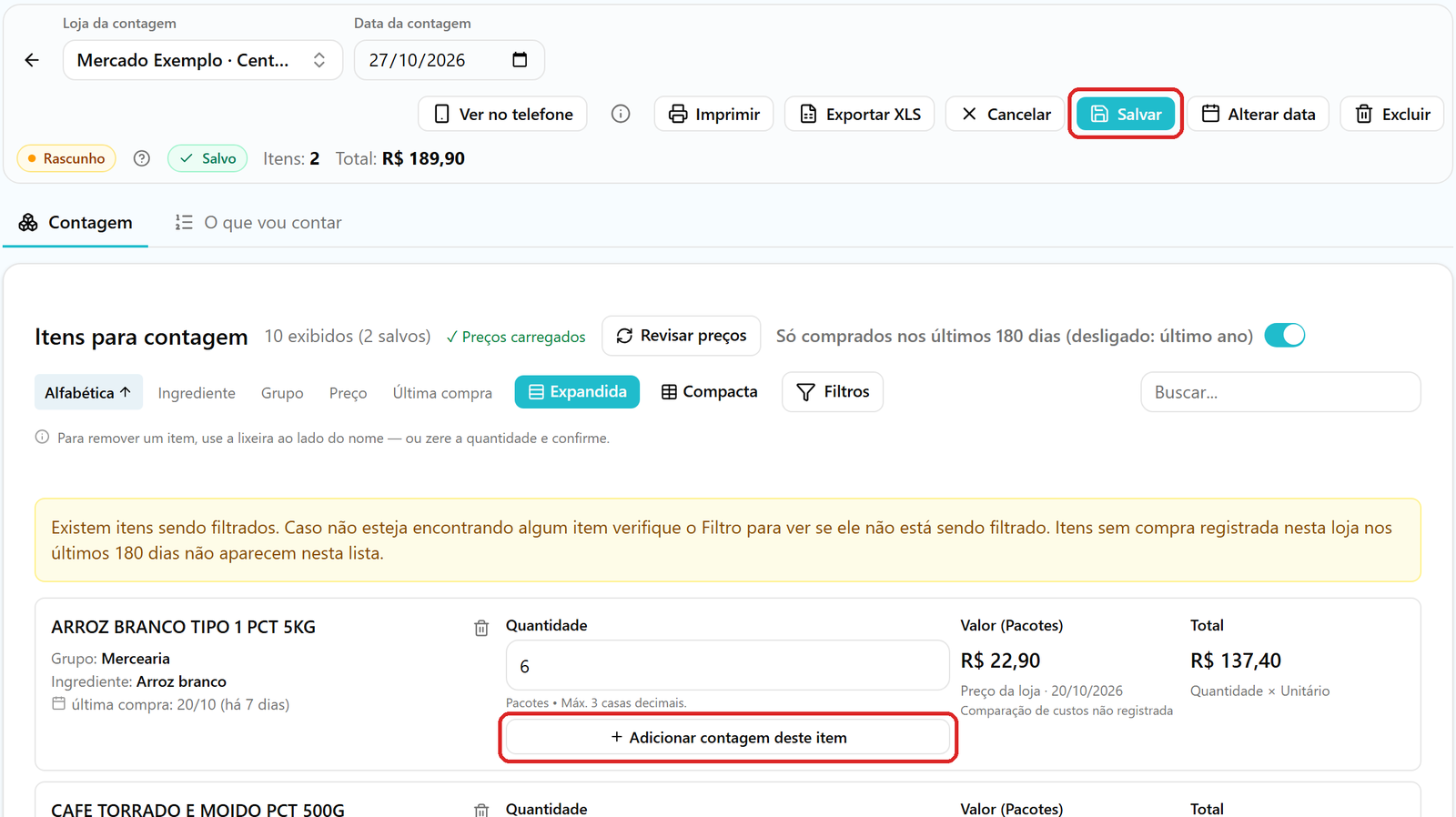 Contagem por grafia de 27/10/2026 em rascunho, com quantidades digitadas nos dois primeiros itens e os botões Salvar e Adicionar contagem deste item destacados.