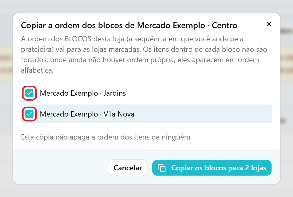 Diálogo Copiar a ordem dos blocos de Mercado Exemplo · Centro, com as lojas Jardins e Vila Nova marcadas como destino.