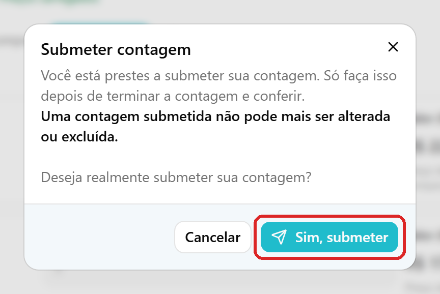 Confirmação de Submeter numa contagem por grafia salva, com o aviso de que uma contagem submetida não pode mais ser alterada ou excluída e o botão Sim, submeter destacado.