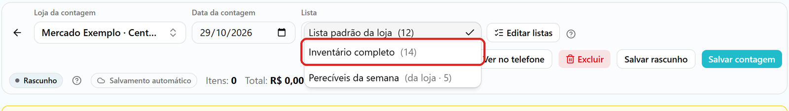 Seletor Lista da contagem por componente aberto, com Lista padrão da loja, Inventário completo e um modelo; a opção Inventário completo está destacada.