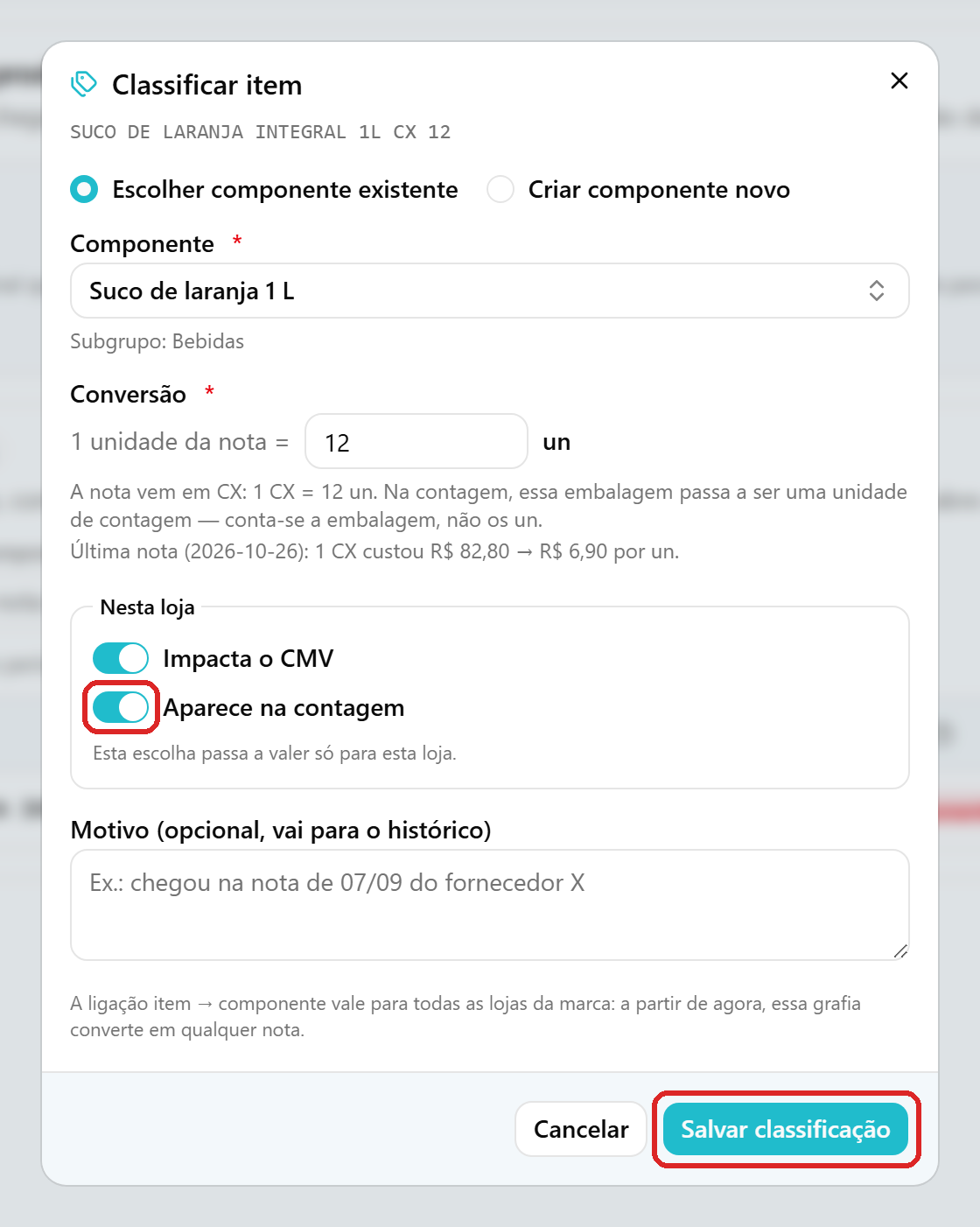 Janela Classificar do item novo da nota Suco de laranja integral 1 L, com a opção Aparece na contagem ligada e o botão Salvar classificação destacado.